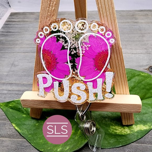 Baby Feet Floral Badge Reel With Push-OBGYN Badge Reel-NICU Nurse-OB Nurse Badge - Picture 5 of 7